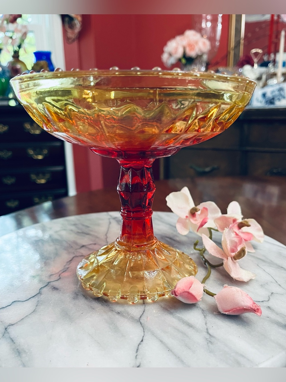 Jeannette Glass MCM Windsor Amberina Pedestal Dish - Red/Yellow "Glow" Glass